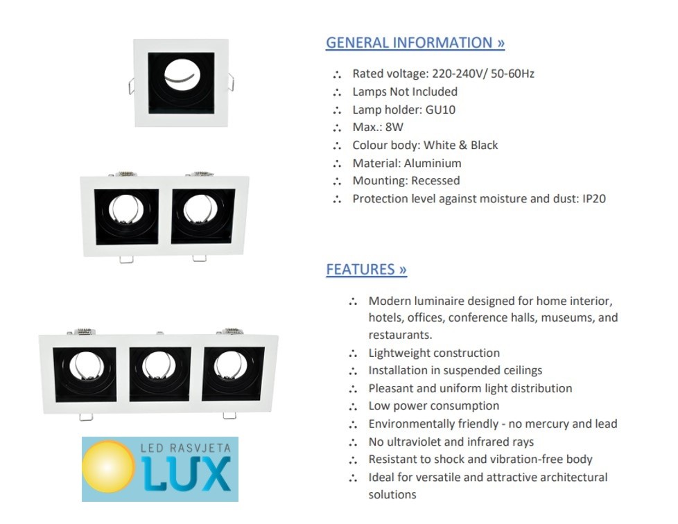 UGRADNA USMJERENA SVJETILJKA GU10 CRNO BIJELA