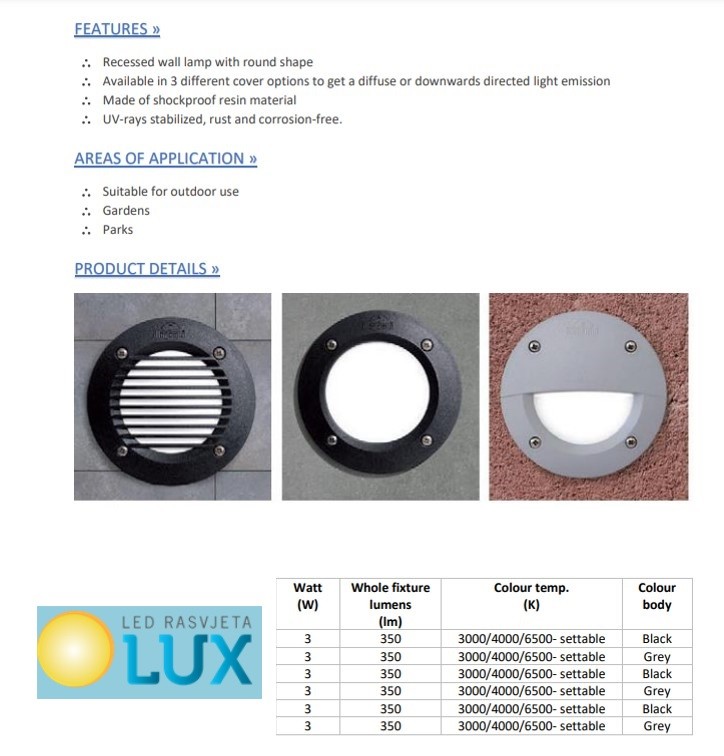UGRADNA SVIJETILJKA ZIDNA LETIL 100GR 3W CCT 4000K
