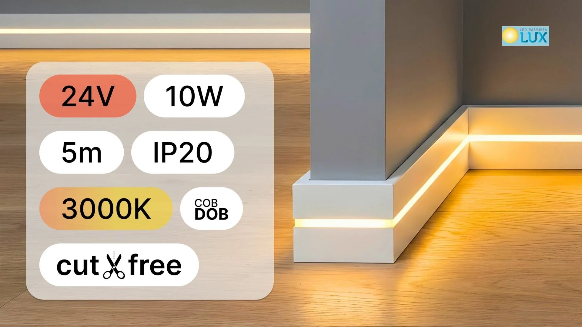 LED TRAKA 24V 10W COB 8mm 3000K SLOBODNI REZ IP20 5m