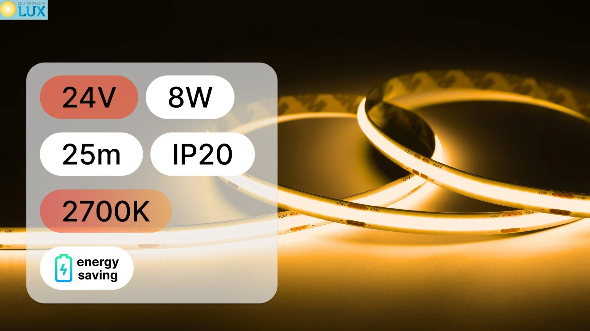 IP20 25m LED TRAKA 24V COB 8W 2700K 8mm