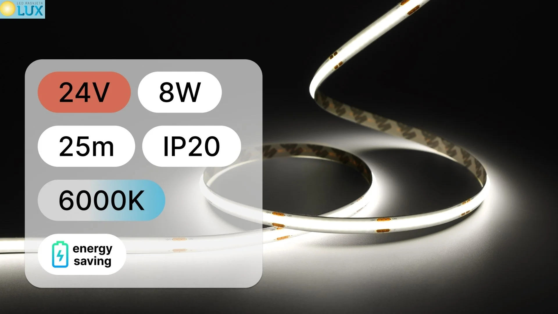 IP20 25m LED TRAKA 24V COB 8W 6000K 8mm